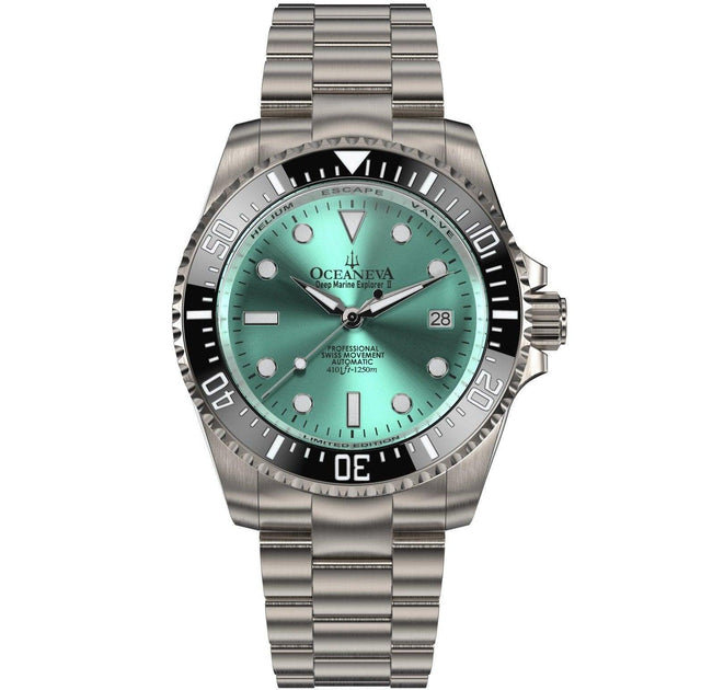 Oceaneva Men's Deep Marine Explorer II 1250M Titanium Watch Aquamarine  Burst Dial – Watches.com