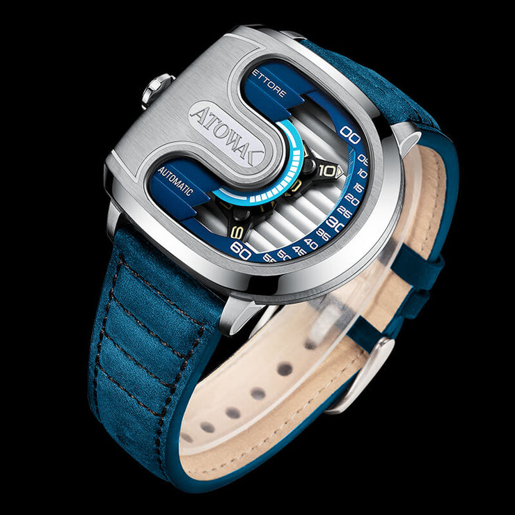 Atowak Ettore Drift 4-Arm Automatic Wandering Hour Silver Blue