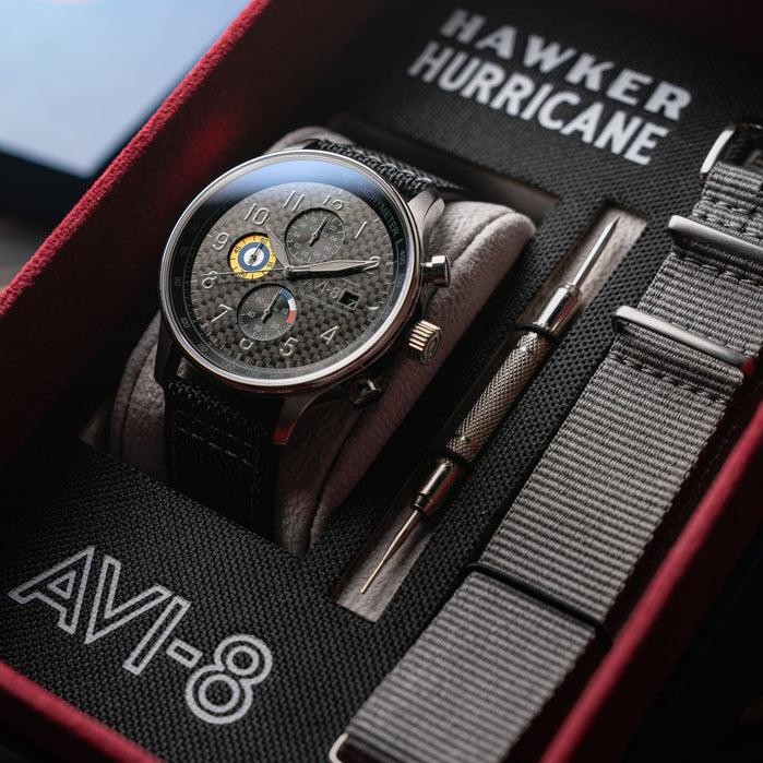 AVI-8 Hawker Hurricane Classic Chronograph Carbon Fiber Black angled shot picture