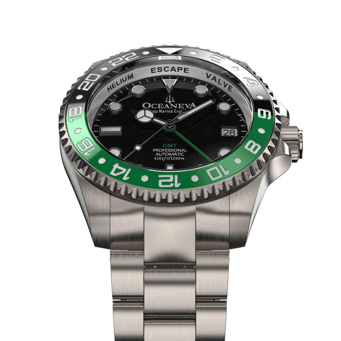 Oceaneva Titanium Deep Marine Explorer GMT Automatic 1250M Black Green angled shot picture