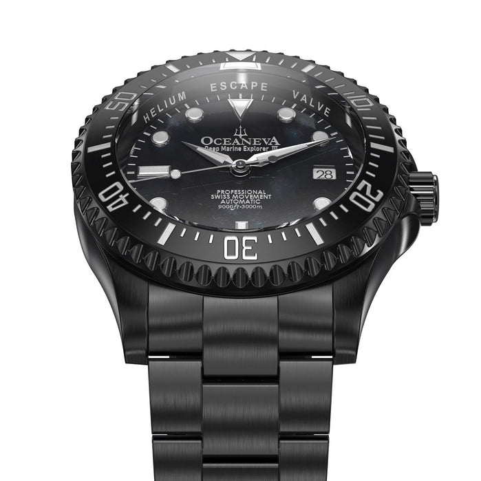 Oceaneva Deep Marine Explorer III Automatic 3000M Pro Diver Black Mother of Pearl Limited Edition angled shot picture