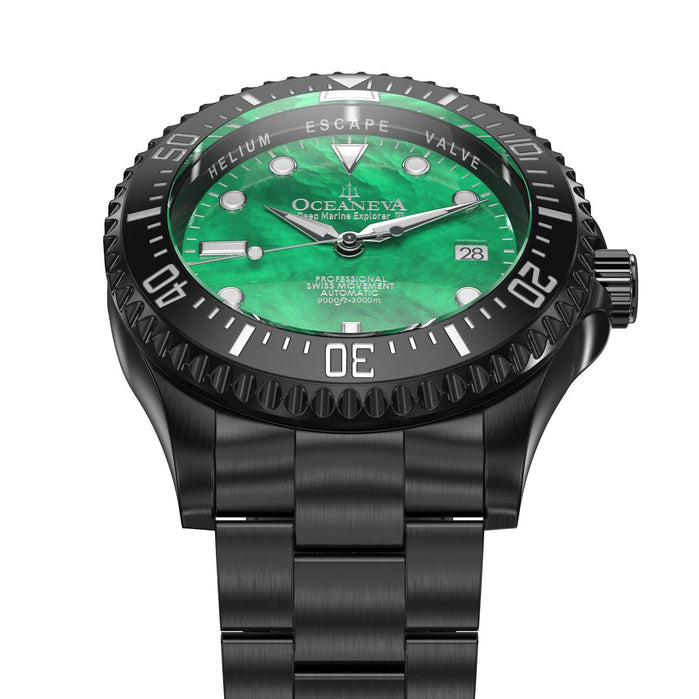 Oceaneva Deep Marine Explorer III Automatic 3000M Pro Diver Black Green Mother Of Pearl Limited Edition angled shot picture