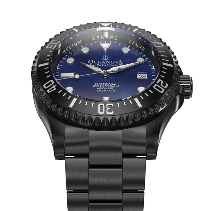 Oceaneva Deep Marine Explorer III Automatic 3000M Pro Diver Black Navy Mother Of Pearl Limited Edition angled shot picture