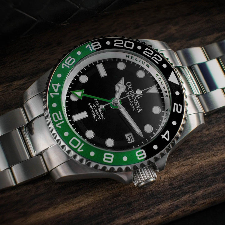 Oceaneva Deep Marine Explorer GMT Automatic 1250M Pro Diver Green Black