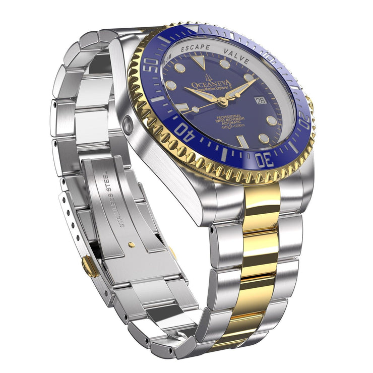 Oceaneva Deep Marine Explorer II 1250M Pro Diver Watch Blue Yellow Gold