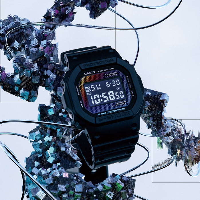 G-Shock DW5600 Rainbow Brick Wall Digital Black angled shot picture