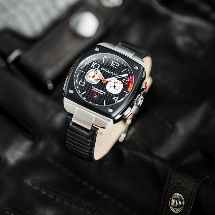 Briston Streamliner Gentleman Driver Chrono Black Acetate Black Leather angled shot picture