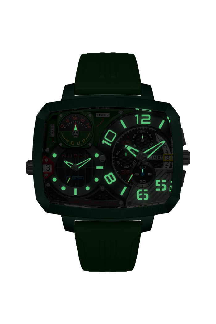 Nubeo Odyssey Triple Time Zone Chronograph Limited Edition Metallic Green angled shot picture