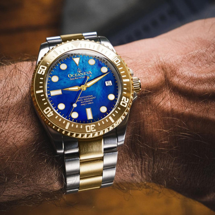 Oceaneva Deep Marine Explorer III 3000M Pro Diver Automatic Gold Blue Mother of Pearl Limited Edition