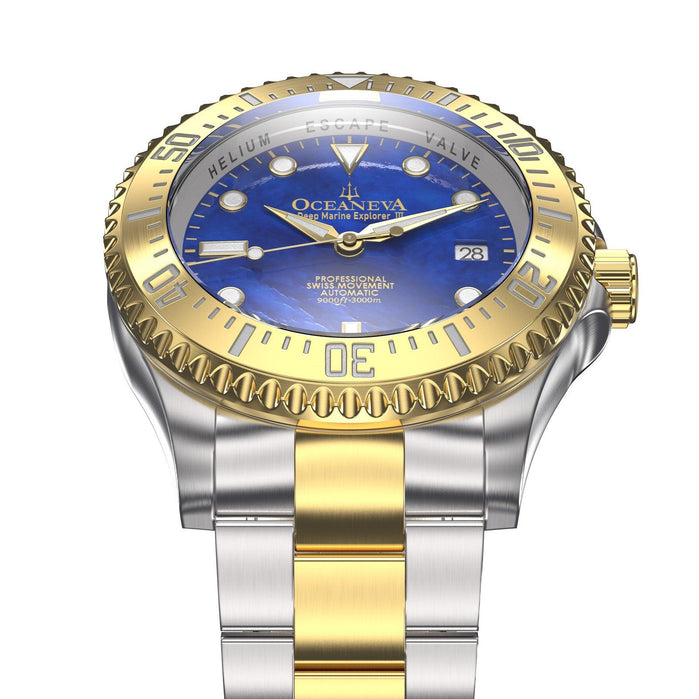 Oceaneva Deep Marine Explorer III Automatic 3000M Pro Diver Gold Blue Mother of Pearl Limited Edition angled shot picture