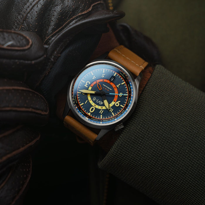 AVI-8 Flyboy Wingman Worldtimer GMT Automatic Atlantic Blue angled shot picture