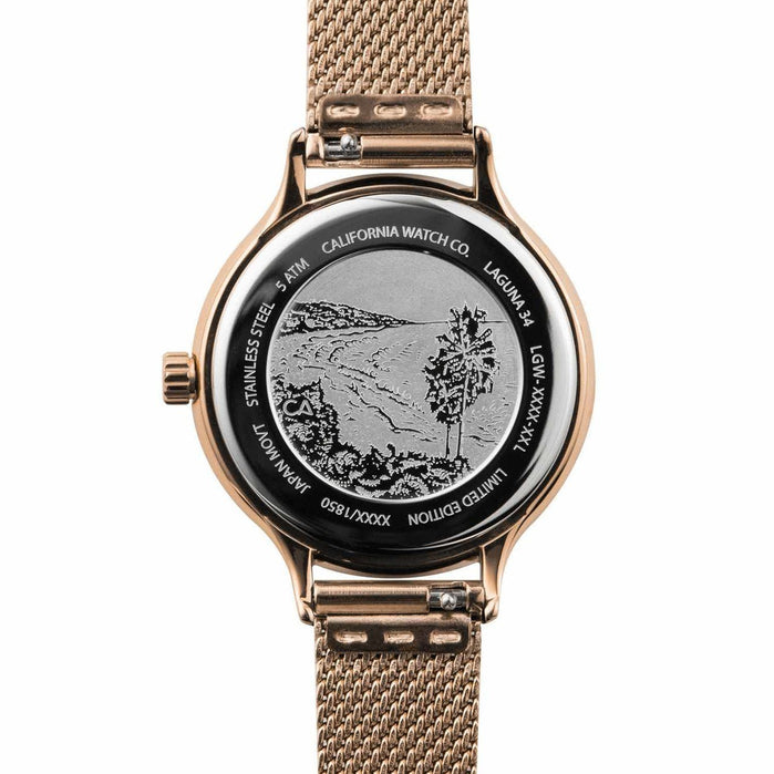 California Watch Co. Laguna 34 Mesh Rose Gold Black angled shot picture