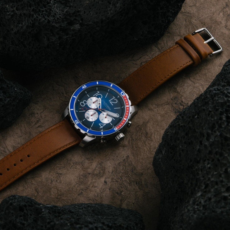 California Watch Co. Mavericks Chrono Leather Brown Navy Red - Watches.com - MVK - 1178 - 21L