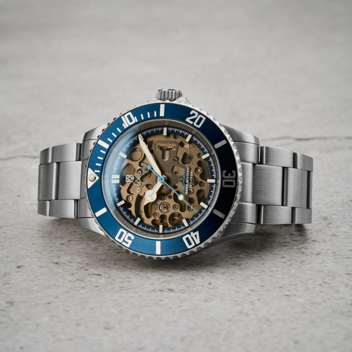 Duxot Atlantica Skeleton Automatic Marine Blue angled shot picture