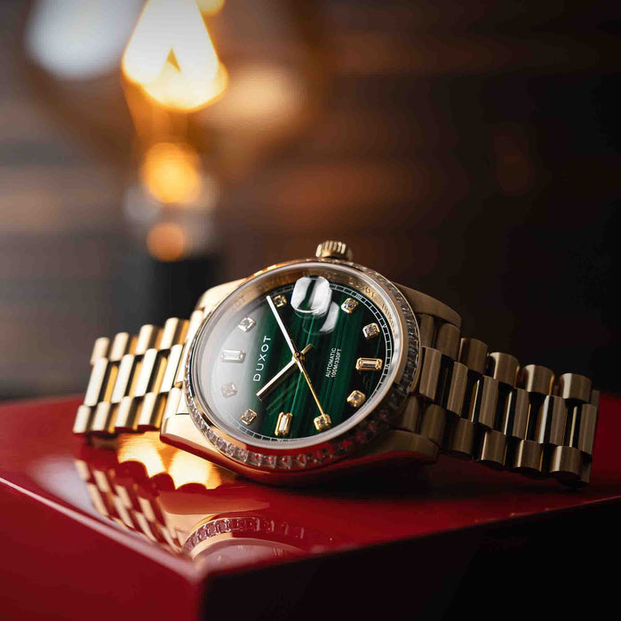 Duxot Serenata Rainbow Diver Automatic Malachite Limited Edition angled shot picture