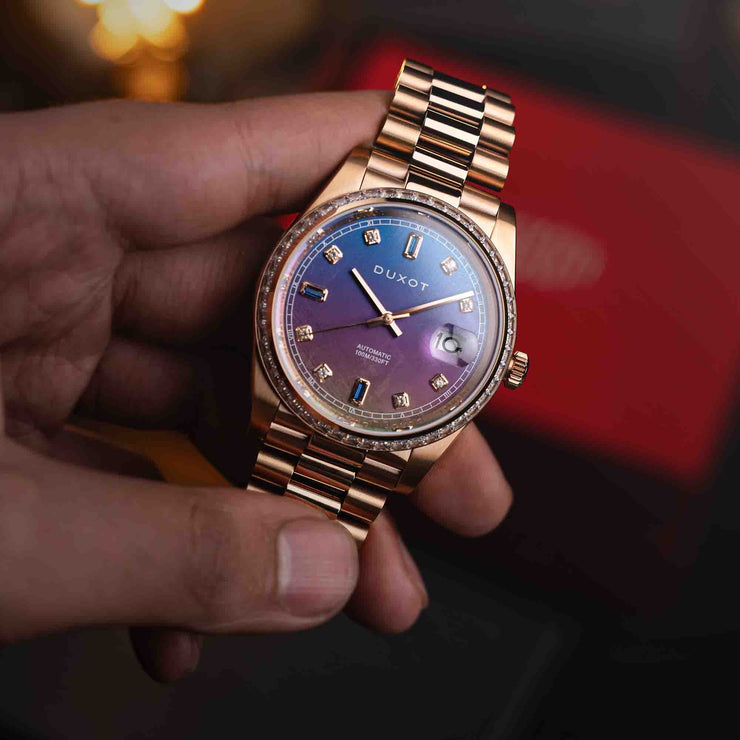 Duxot Serenata Rainbow Diver Automatic Rose Gold Purple Meteorite Limited Edition - Watches.com - DX - 2058 - BB