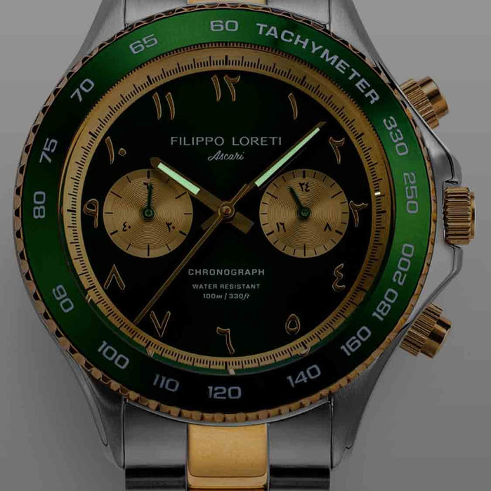 Filippo Loreti Ascari Arabic Chronograph Green Gold angled shot picture