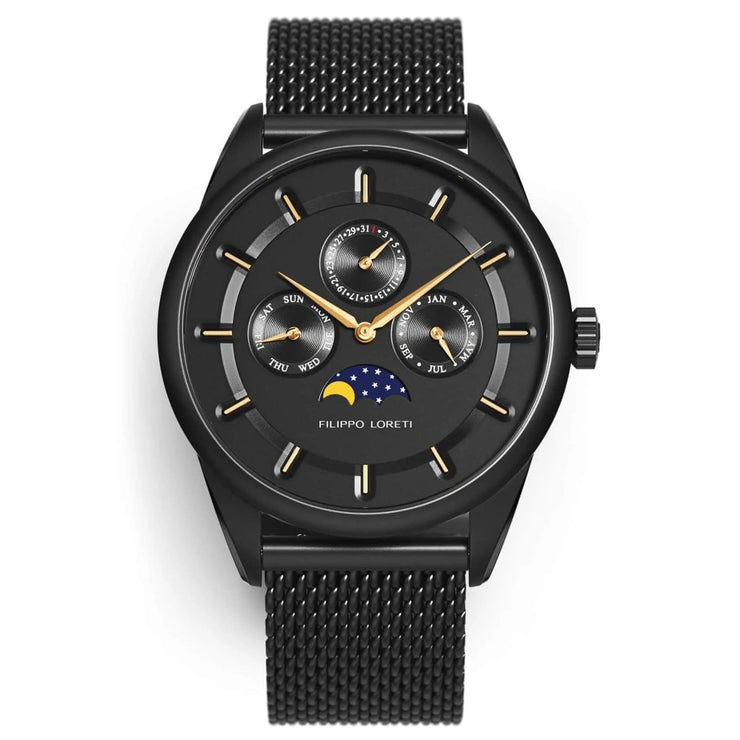 Filippo Loreti Venice Moonphase Black Gold Mesh - Watches.com - 40501