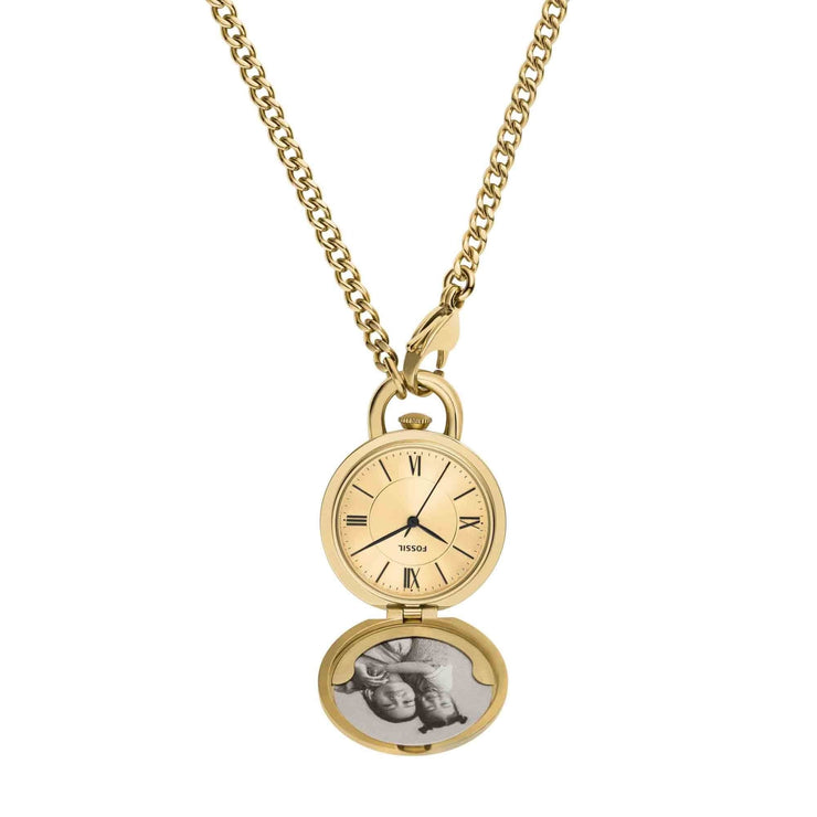 Fossil Jacqueline Gold Crystal Watch Locket Necklace - Watches.com - ES5318