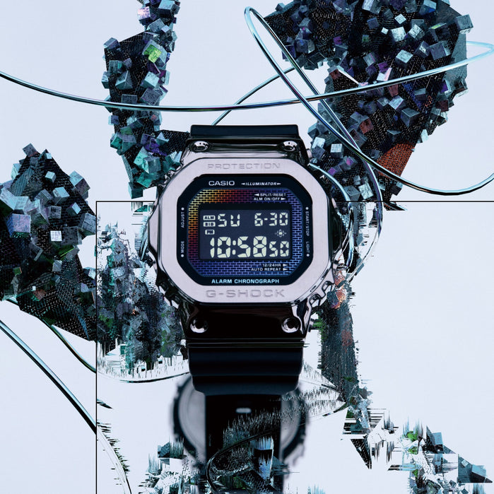 G-Shock GM5600 Rainbow Brick Wall Digital Black Silver angled shot picture