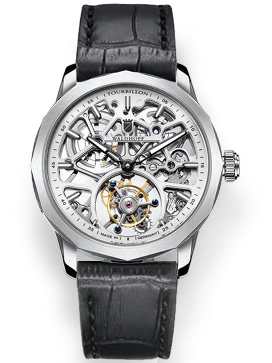 Manufaktur Waldhoff Vanguard V8 Tourbillon Diamond Silver angled shot picture