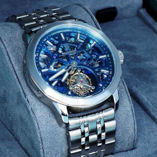 Manufaktur Waldhoff Vanguard V8 Tourbillon Royal Blue angled shot picture