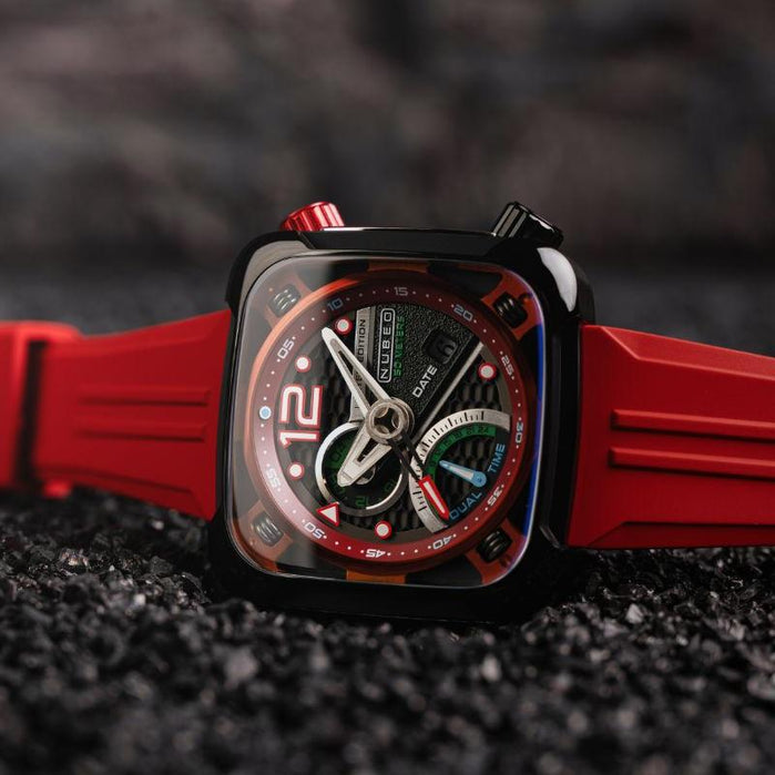 Nubeo Ecliptic Retrograde Dual Time Limited Edition Hazard Red angled shot picture