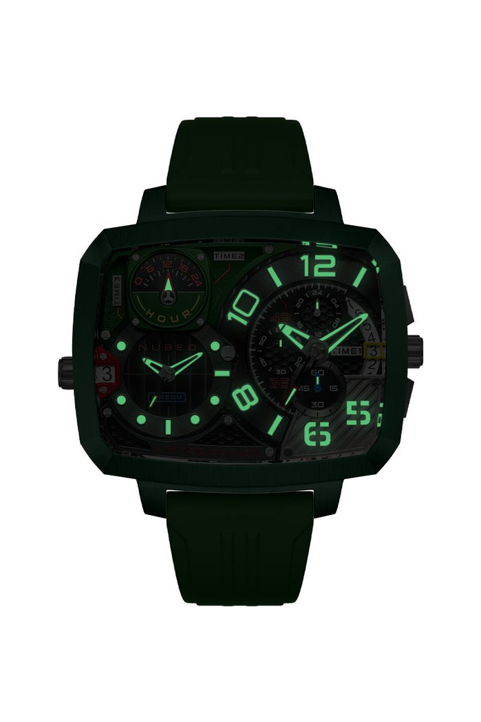 Nubeo Odyssey Triple Time Zone Chronograph Limited Edition Metallic Green angled shot picture