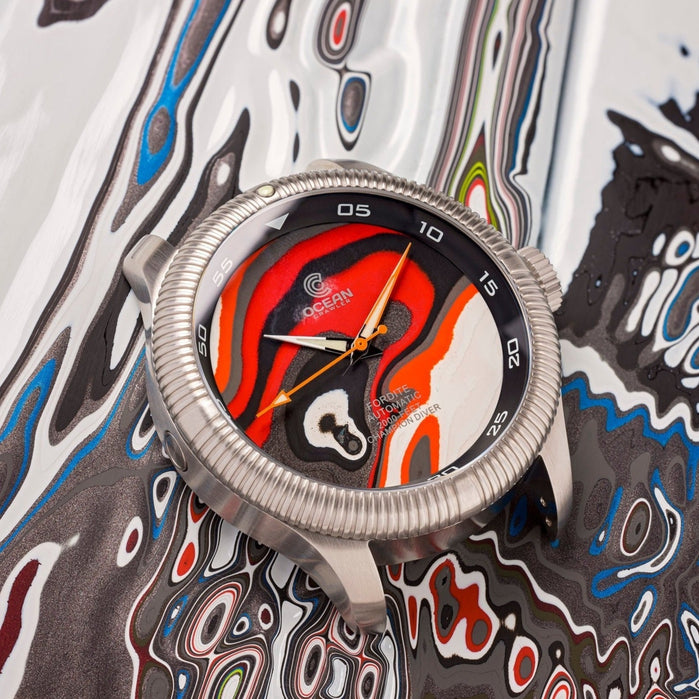 Ocean Crawler Champion Diver Automatic Fordite Type B angled shot picture