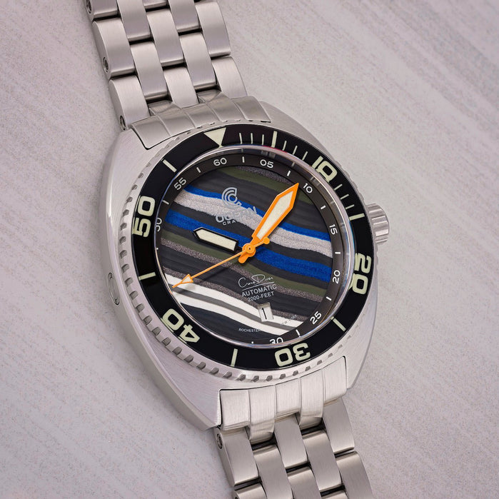 Ocean Crawler Core Diver Automatic Fordite RaceLine Rally Limited Edition angled shot picture