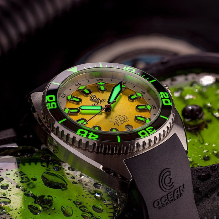 Ocean Crawler Core Diver Automatic Yellow Refractor Summer Limited Edition angled shot picture