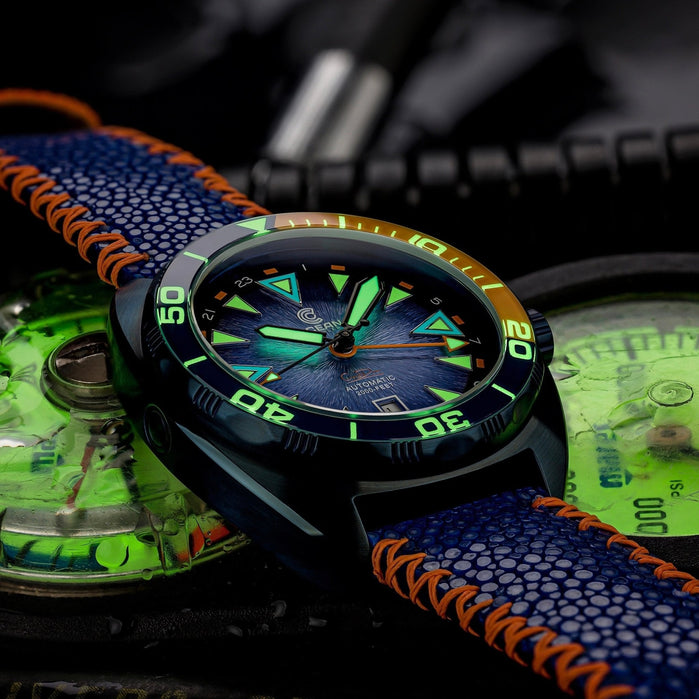 Ocean Crawler Core Diver GMT Swiss Automatic V3 Blue Steel DLC Limited Edition angled shot picture