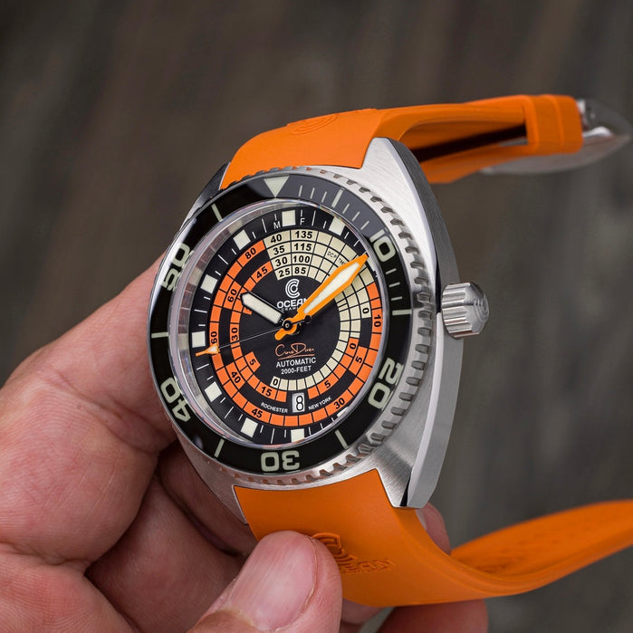 Ocean Crawler Decompression Timer Automatic Black Orange Limited Edition angled shot picture