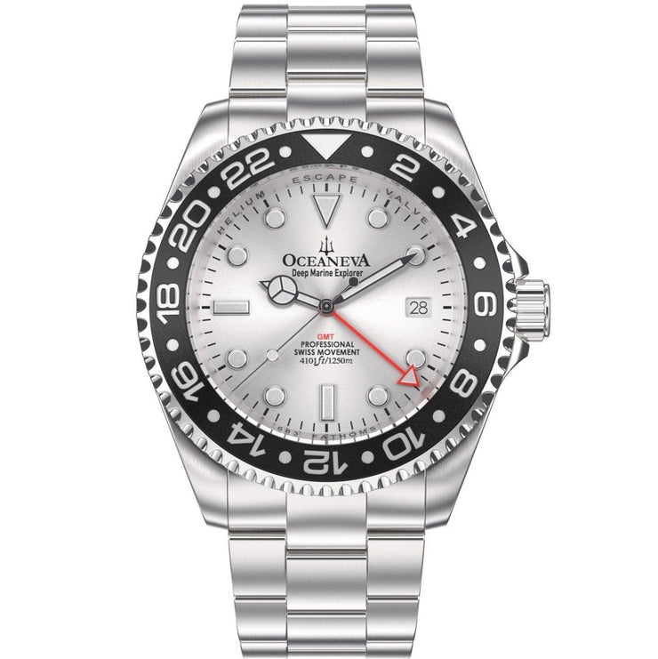 Oceaneva Deep Marine Explorer GMT 1250M Pro Diver Black Silver - Watches.com - SL.BK.RH.BK.GMT.ST