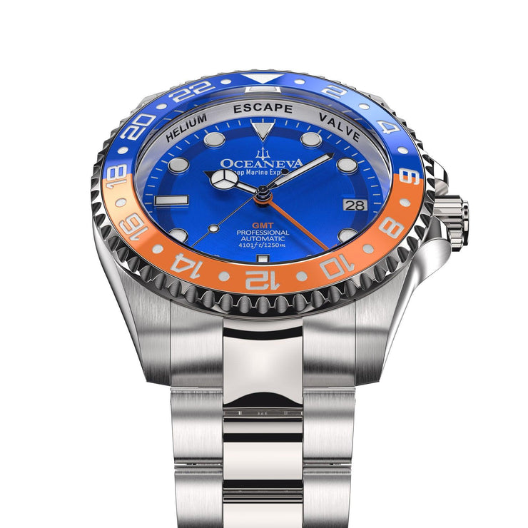 Oceaneva Deep Marine Explorer GMT Automatic 1250M Pro Diver Blue Orange - Watches.com - BL.BL.NH.OY.GMT.ST