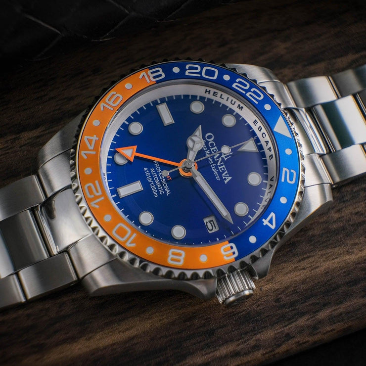 Oceaneva Deep Marine Explorer GMT Automatic 1250M Pro Diver Blue Orange - Watches.com - BL.BL.NH.OY.GMT.ST