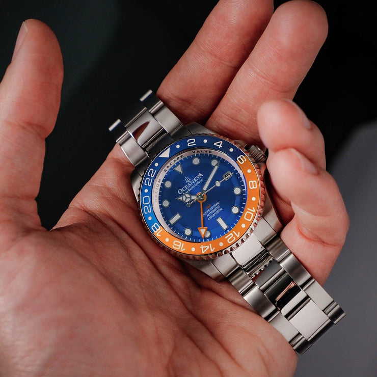 Oceaneva Deep Marine Explorer GMT Automatic 1250M Pro Diver Blue Orange - Watches.com - BL.BL.NH.OY.GMT.ST