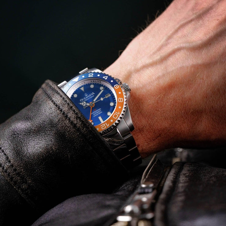 Oceaneva Deep Marine Explorer GMT Automatic 1250M Pro Diver Blue Orange - Watches.com - BL.BL.NH.OY.GMT.ST