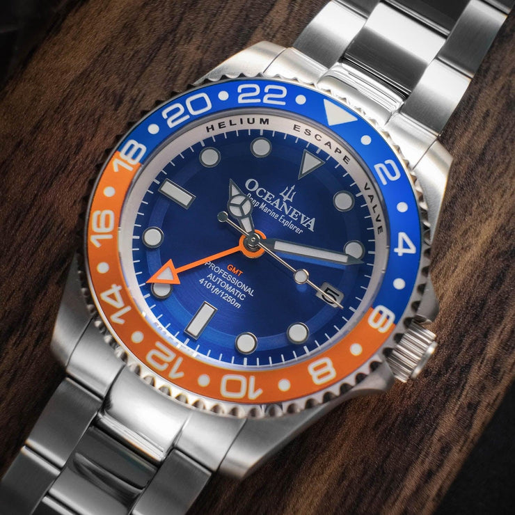 Oceaneva Deep Marine Explorer GMT Automatic 1250M Pro Diver Blue Orange - Watches.com - BL.BL.NH.OY.GMT.ST