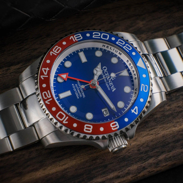 Oceaneva Deep Marine Explorer GMT Automatic 1250M Pro Diver Blue Red - Watches.com - BL.RD.NH.BL.GMT.ST