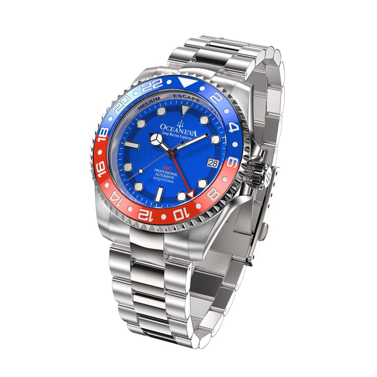 Oceaneva Deep Marine Explorer GMT Automatic 1250M Pro Diver Blue Red - Watches.com - BL.RD.NH.BL.GMT.ST