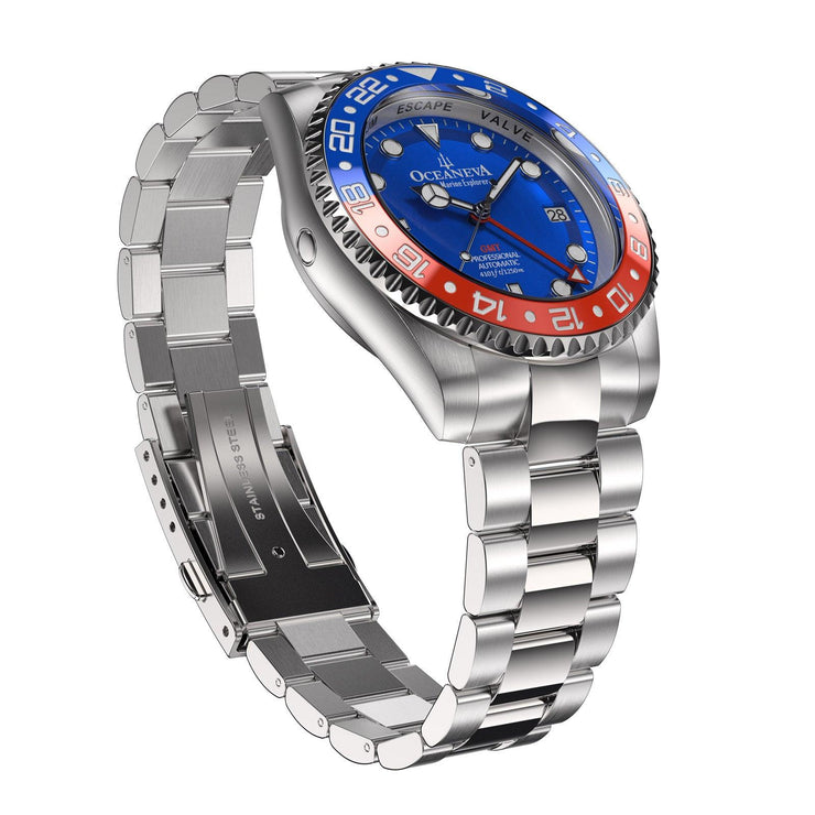 Oceaneva Deep Marine Explorer GMT Automatic 1250M Pro Diver Blue Red - Watches.com - BL.RD.NH.BL.GMT.ST