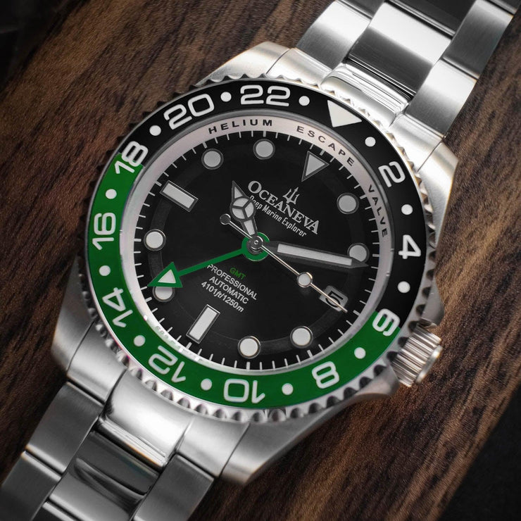 Oceaneva Deep Marine Explorer GMT Automatic 1250M Pro Diver Green Black - Watches.com - BK.GR.NH.BK.GMT.ST