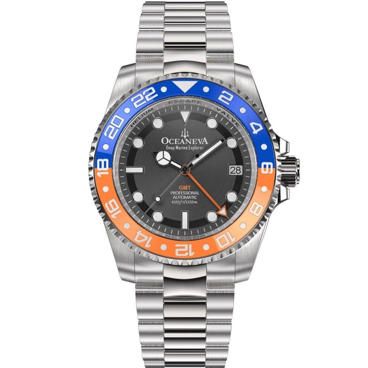 Oceaneva Deep Marine Explorer GMT Automatic 1250M Pro Diver Orange Blue - Watches.com - BK.BL.NH.OY.GMT.ST