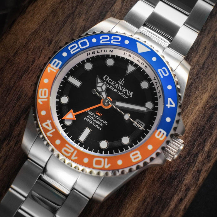 Oceaneva Deep Marine Explorer GMT Automatic 1250M Pro Diver Orange Blue - Watches.com - BK.BL.NH.OY.GMT.ST