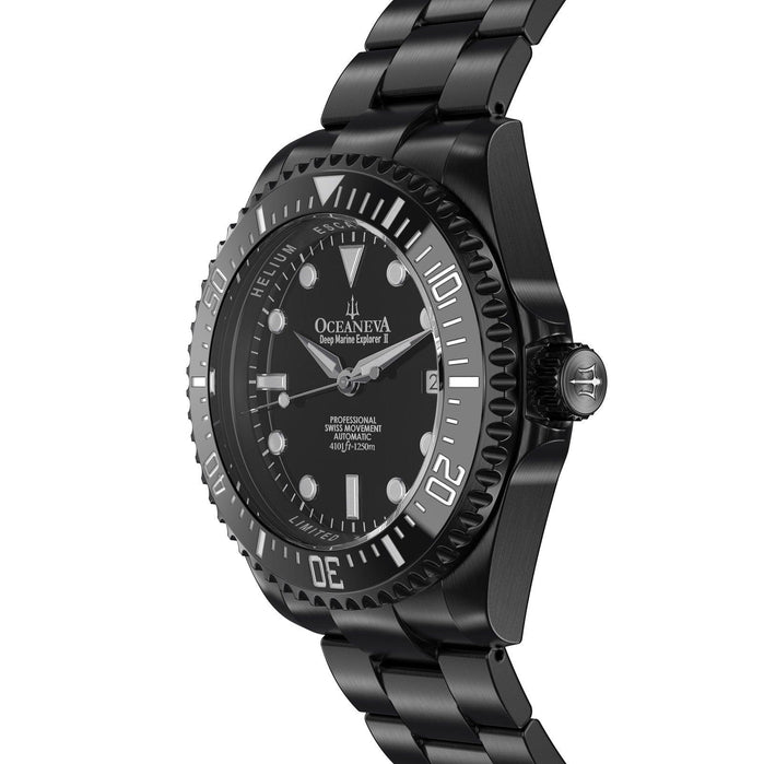 Oceaneva Deep Marine Explorer II Automatic 1250M Pro Diver Black Dial Black IP Limited Edition angled shot picture