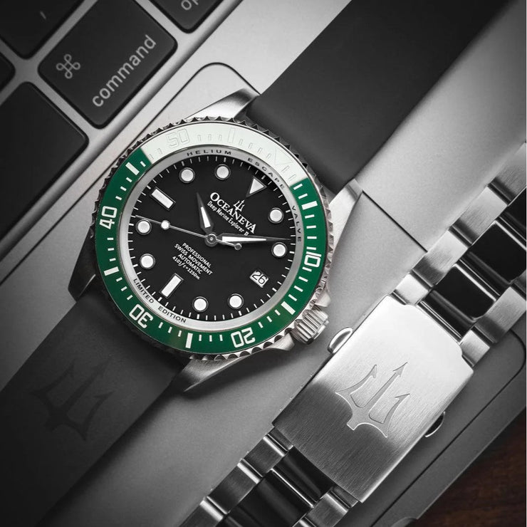 Oceaneva Deep Marine Explorer II Automatic 1250M Pro Diver Black Green Limited Edition - Watches.com - GRII200BKST