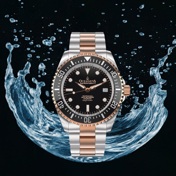 Oceaneva Deep Marine Explorer II Automatic 1250M Pro Diver Black Rose Gold Limited Edition angled shot picture