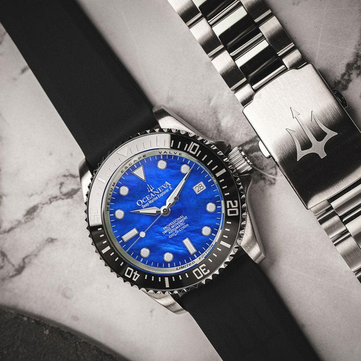 Oceaneva Deep Marine Explorer II Automatic 1250M Pro Diver Blue Mother Of Pearl Limited Edition - Watches.com - BKII200BLMOPST