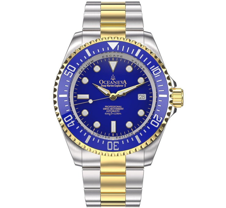 Oceaneva Deep Marine Explorer II Automatic 1250M Pro Diver Watch Blue Yellow Gold Limited Edition - Watches.com - BLII200BLSTGD